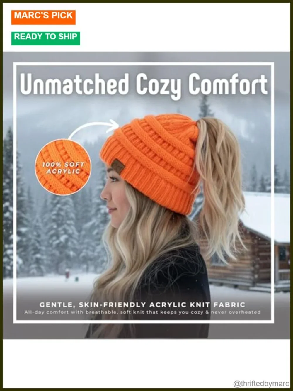 Ponytail Beanie for Women - Winter Hat Soft Stretch Cable Knit High Pony